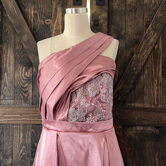 Satin One Shoulder Maxi embellished sequin gown weeding formal Dress large - Picture 2 of 14